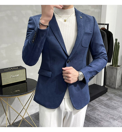 Men's Deerskin Fleece Blazer – Slim Fit Single Button Suit Jacket for Business & Casual Wear