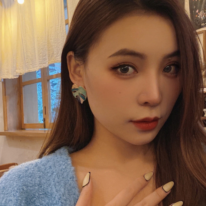 925 Silver Leaf Earrings for Women – Modern Geometric Green & White Trendy Jewelry Gift