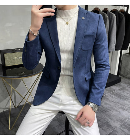 Men's Deerskin Fleece Blazer – Slim Fit Single Button Suit Jacket for Business & Casual Wear