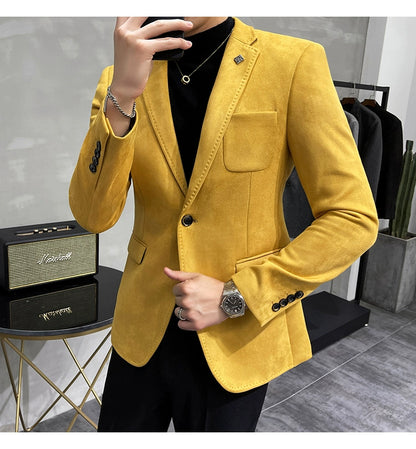 Men's Deerskin Fleece Blazer – Slim Fit Single Button Suit Jacket for Business & Casual Wear