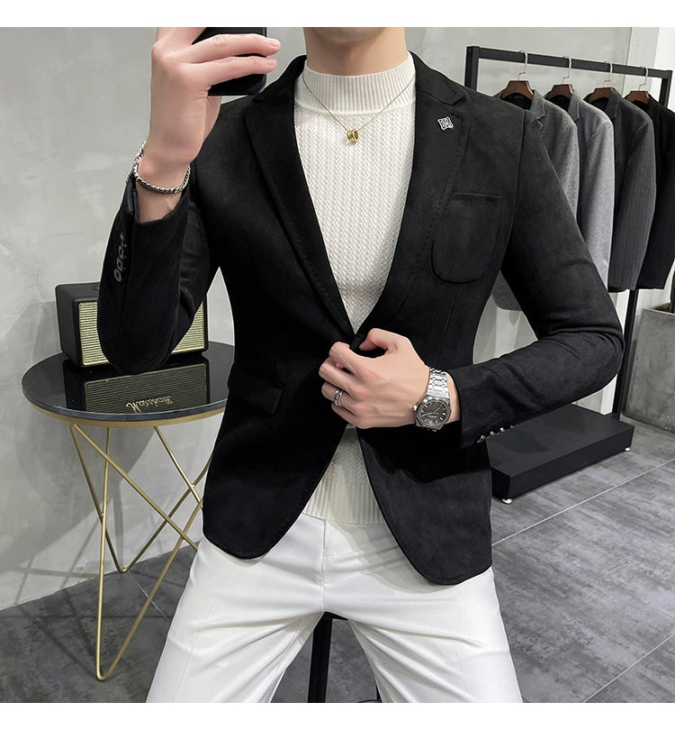Men's Deerskin Fleece Blazer – Slim Fit Single Button Suit Jacket for Business & Casual Wear