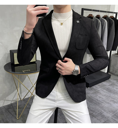 Men's Deerskin Fleece Blazer – Slim Fit Single Button Suit Jacket for Business & Casual Wear