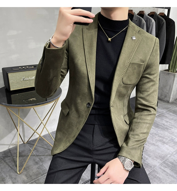Men's Deerskin Fleece Blazer – Slim Fit Single Button Suit Jacket for Business & Casual Wear