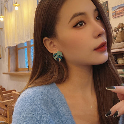 925 Silver Leaf Earrings for Women – Modern Geometric Green & White Trendy Jewelry Gift