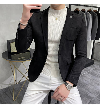 Men's Deerskin Fleece Blazer – Slim Fit Single Button Suit Jacket for Business & Casual Wear