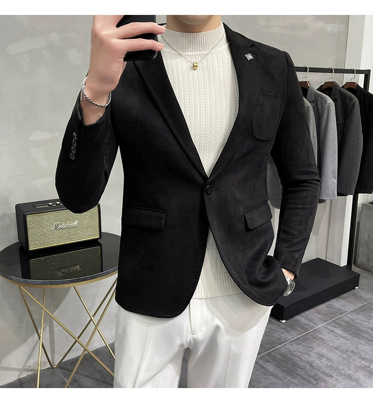 Men's Deerskin Fleece Blazer – Slim Fit Single Button Suit Jacket for Business & Casual Wear