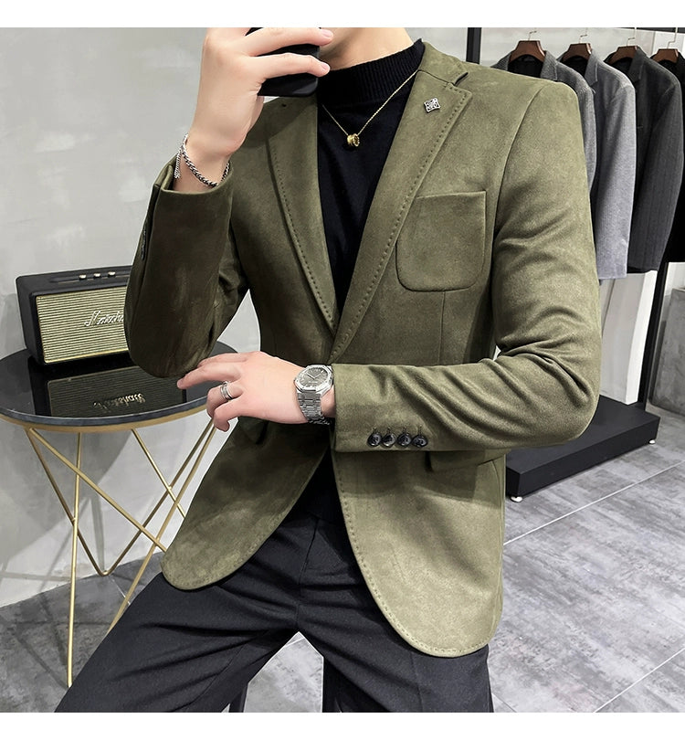 Men's Deerskin Fleece Blazer – Slim Fit Single Button Suit Jacket for Business & Casual Wear