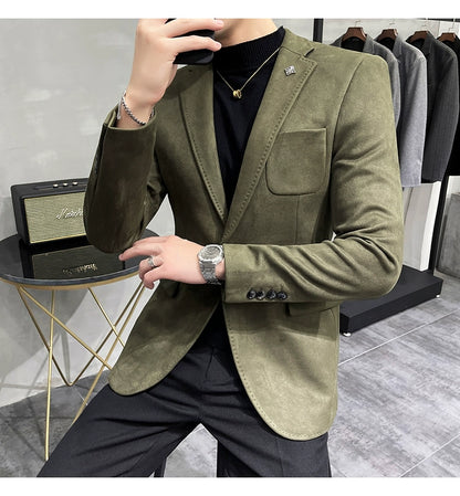 Men's Deerskin Fleece Blazer – Slim Fit Single Button Suit Jacket for Business & Casual Wear