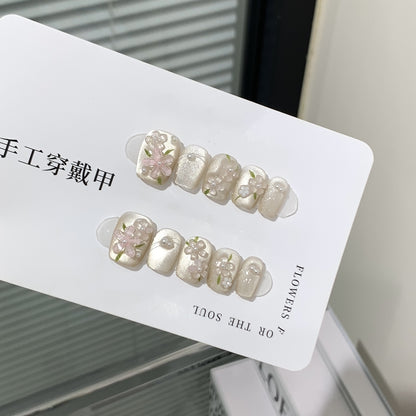 10 Pcs Handmade Short Square Press-On Nails – Full Cover Flower & Cat Eye Ballet False Nails Manicure Tips