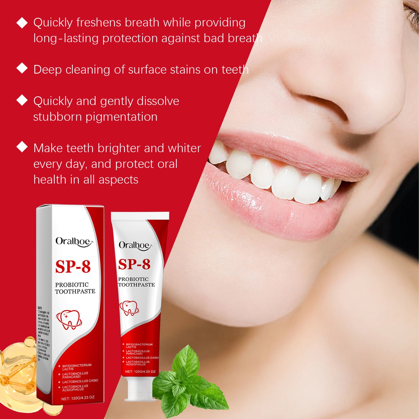 SP-8 Probiotic Whitening Toothpaste – Mint Fresh Breath, Deep Clean, Plaque & Stain Removal for Oral Hygiene