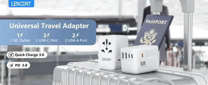 LENCENT 65W/100W GaN Fast Charging International Travel Adapter - 2 USB and 3 Type-C Ports, Includes EU, AU, US, UK Plugs