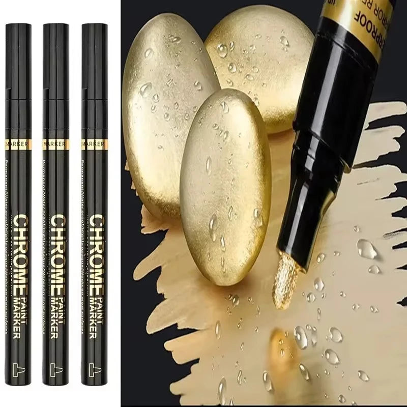 Chrome Paint Marker Pen - Waterproof Gold & Silver Metallic Repair Marker for Glass, Ceramic, Rock & Metal, 2mm Nib