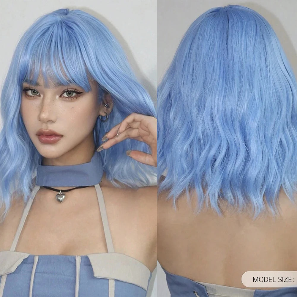 Short Wavy Green Synthetic Wig for Women – Green Cosplay Bob Wig with Bangs, Lolita Party Hair, Heat-Resistant Natural Fake Hair