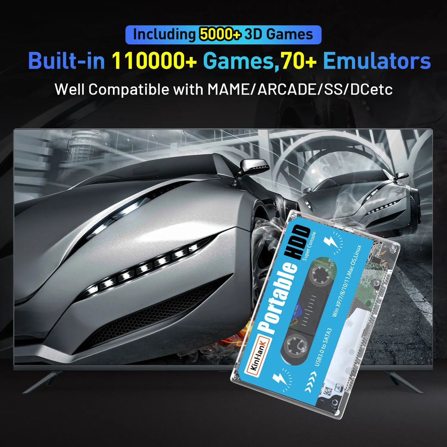 KINHANK Super Console 500GB Gaming HDD – 100,000 Games, 70 Emulators for DC/MAME/SS/NAOMI/PS2/PS1, Plug & Play with Batocera OS
