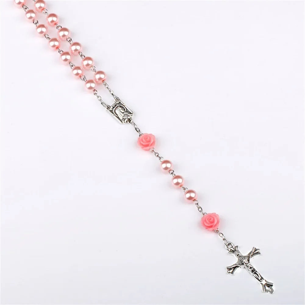 6mm Pink Rosary Necklace – Rose Glass Beads Chain with Crucifix Cross INRI Pendant, Religious Prayer Jewelry for Men & Women