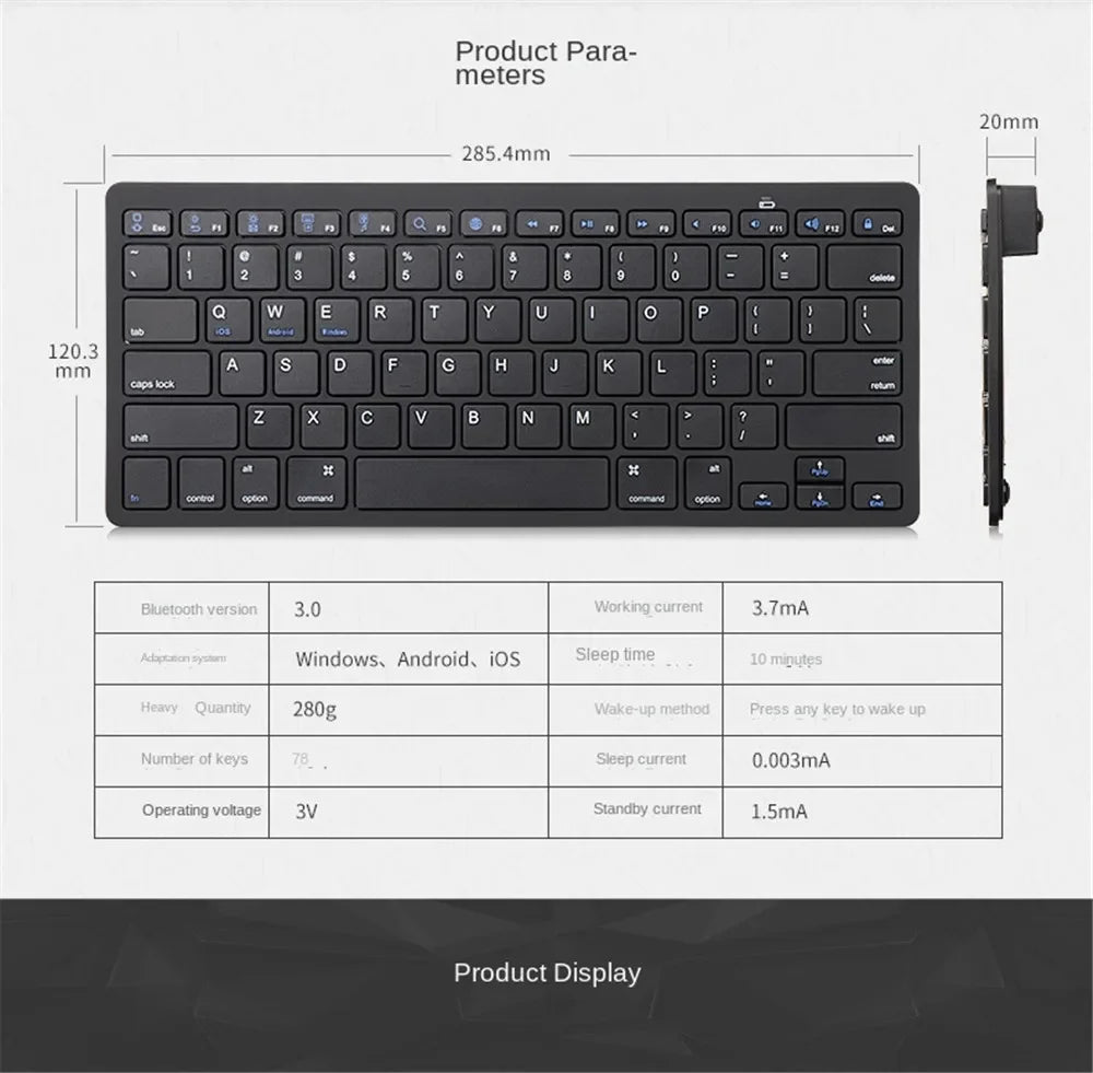 Mini Portable 78-Key Wireless Bluetooth Keyboard for PC, Tablet, iPad & Mobile Phones