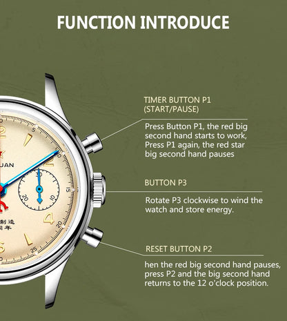 RED STAR 38mm Men's 1963 Chronograph Mechanical Watch – Pilot Air Force Aviation with Seagull ST1901 Movement & Sapphire Glass
