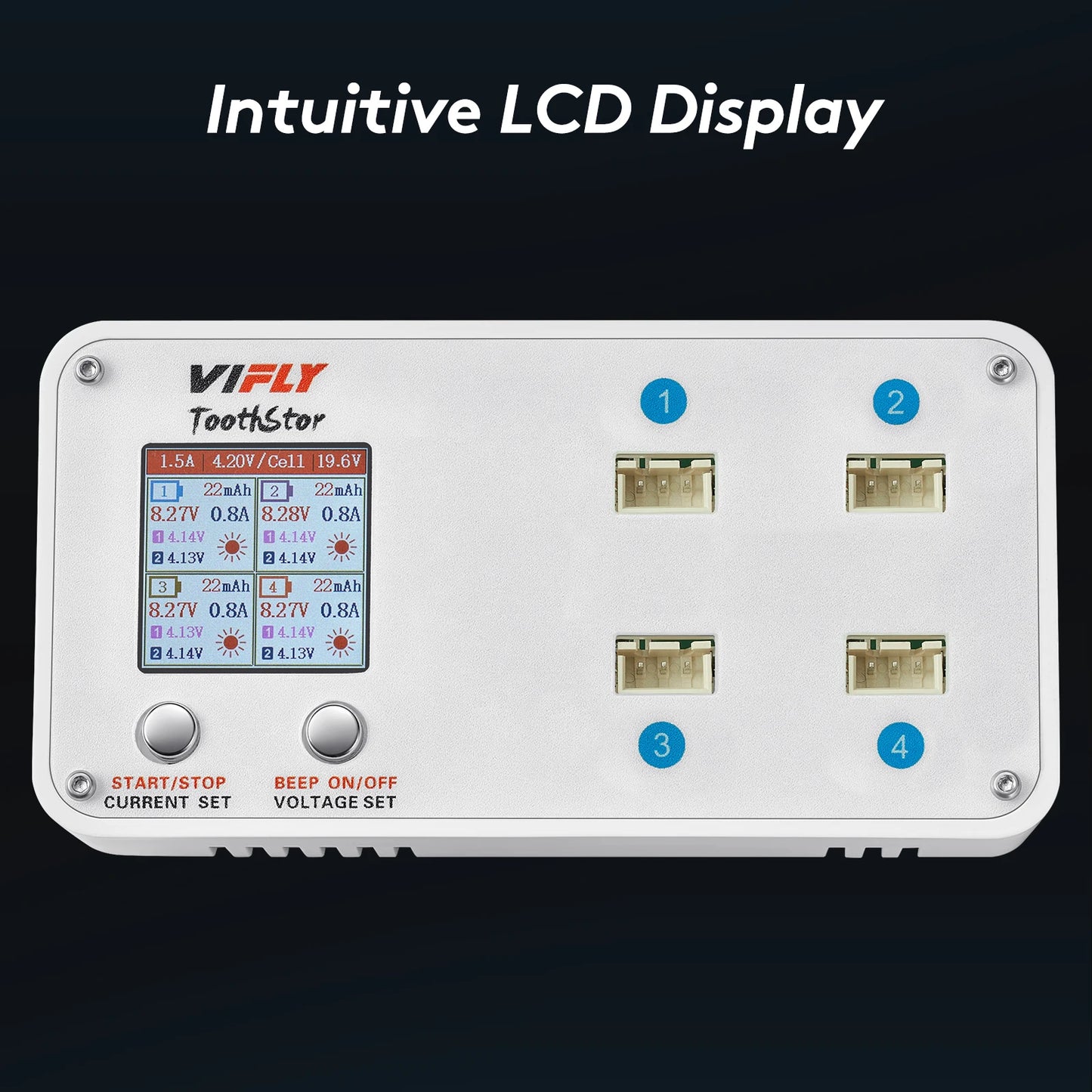 VIFLY ToothStor 4-Port 2S Balance Charger – LCD Display with Storage Mode for LiHV/LiPo RC FPV Racing Drone Batteries
