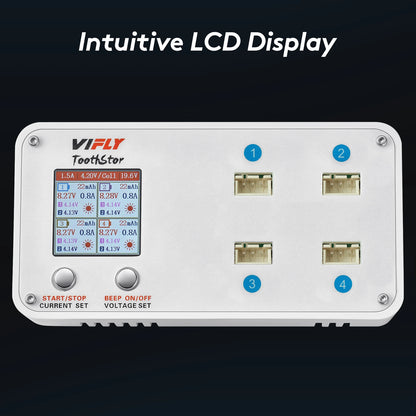 VIFLY ToothStor 4-Port 2S Balance Charger – LCD Display with Storage Mode for LiHV/LiPo RC FPV Racing Drone Batteries