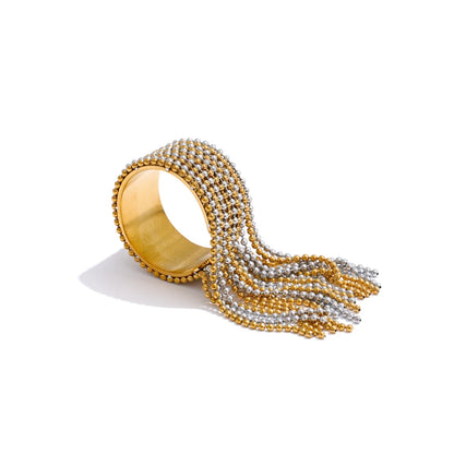 Yhpup Adjustable Stainless Steel Tassel Chain Finger Ring – 18K PVD Gold Plated Statement Charm Jewelry for Women
