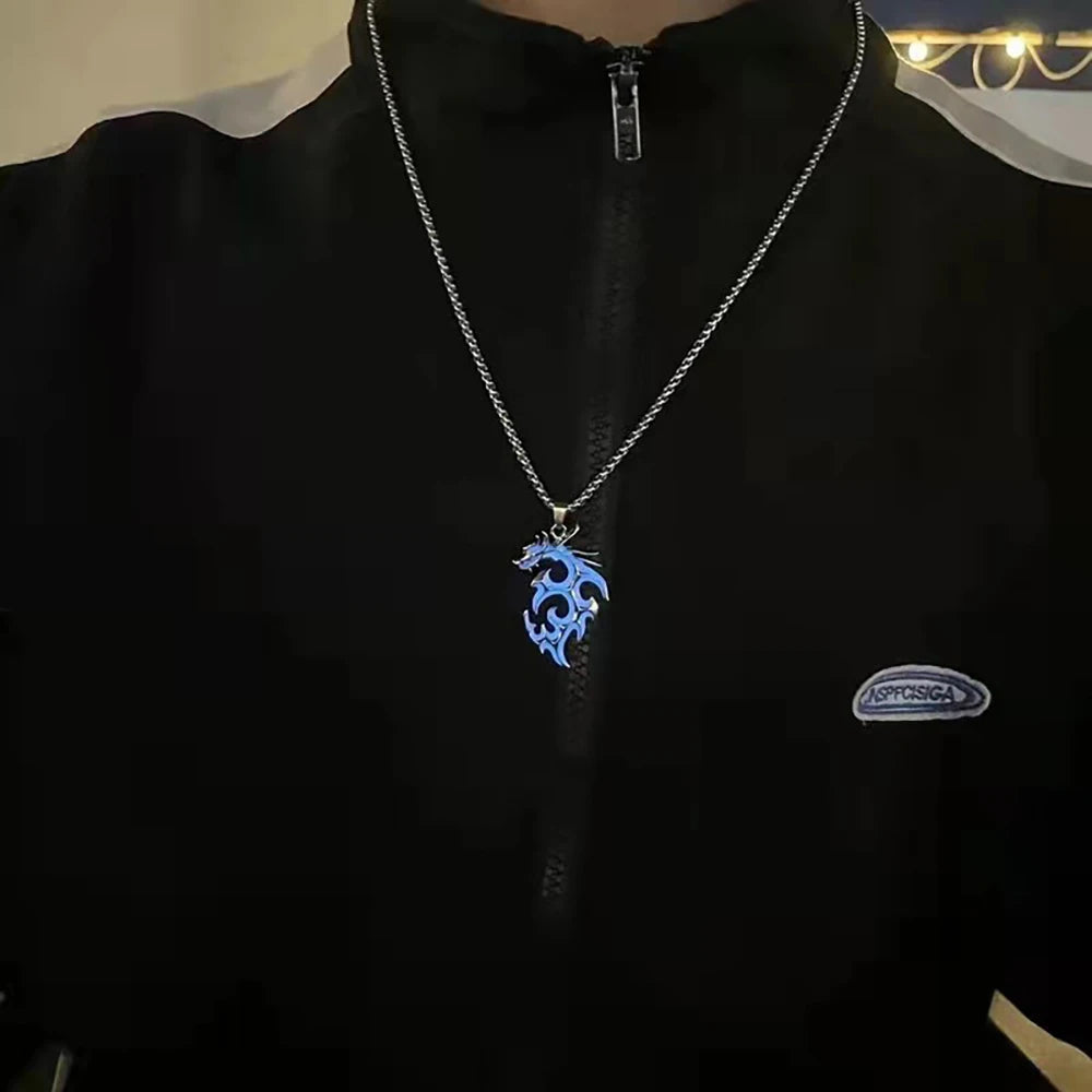 Hip-Hop Rock Dragon Necklace – Stainless Steel Chain with Luminous Alloy Pendant, Glow-in-the-Dark Night Dance Jewelry