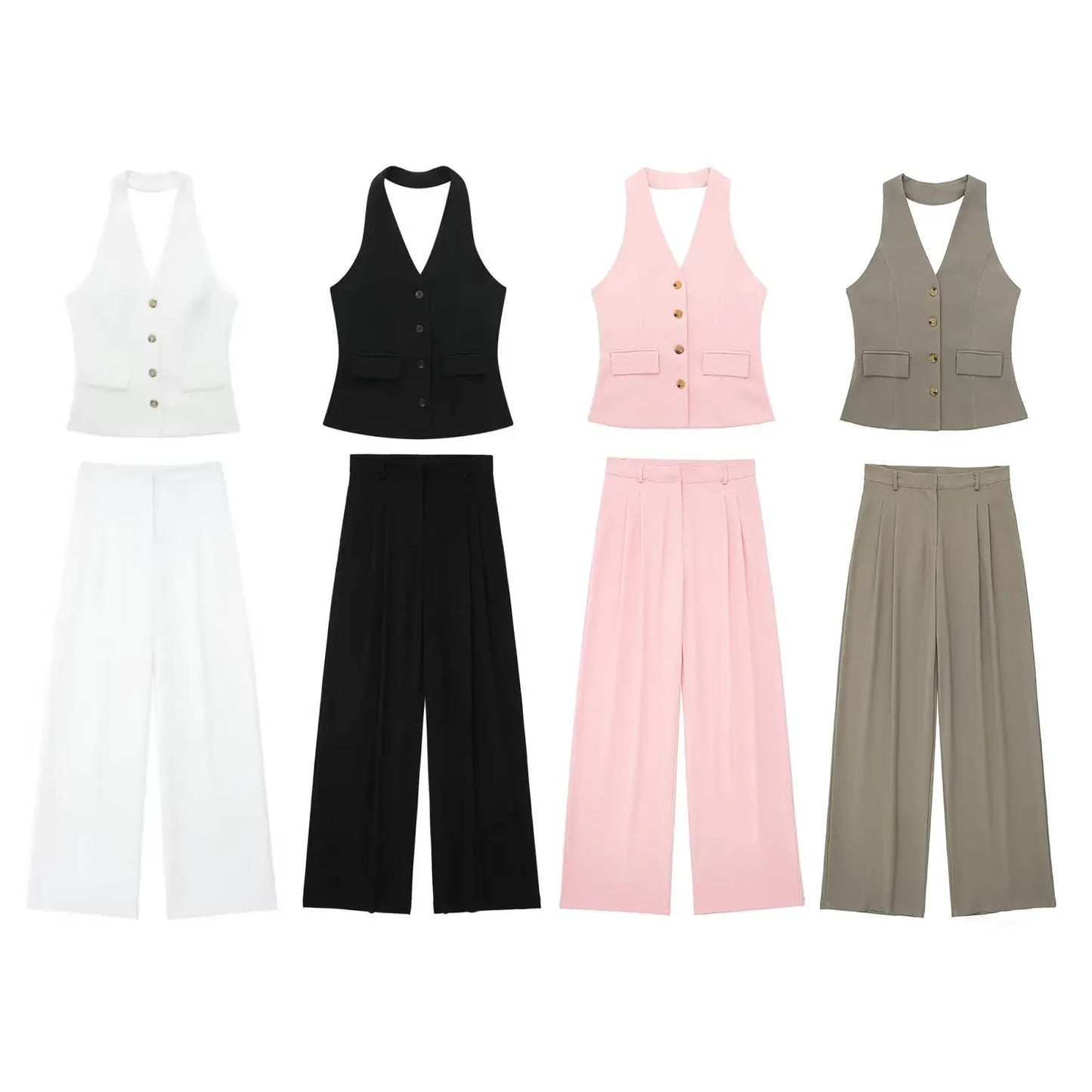 TRAFZA Women’s 2-Piece Set — Sleeveless Halter Vest Top with High-Waist Wide Leg Pants & Zipper Pockets