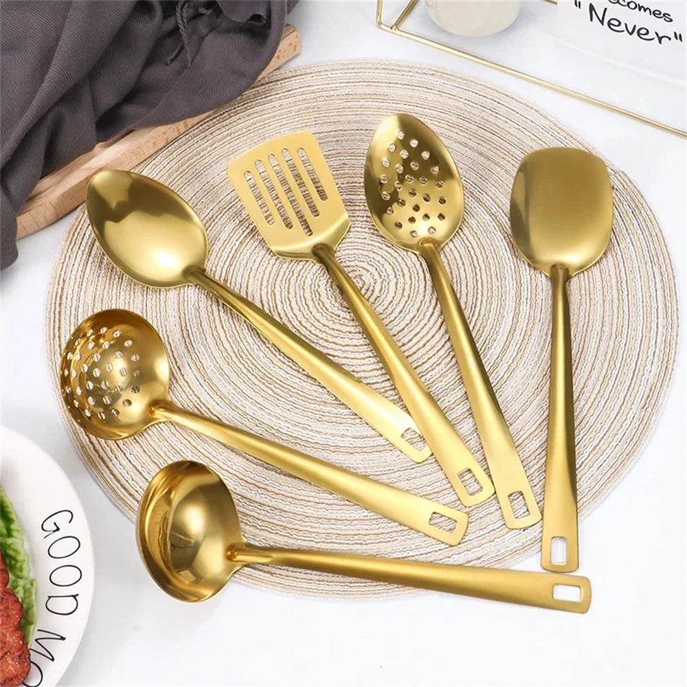 6PCS Hot Pot Cutlery Set – Stainless Steel Golden Spoons & Strainer Kitchenware