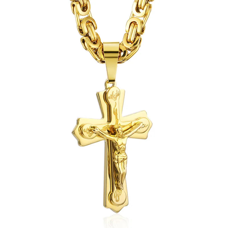 Diyalo Stainless Steel Jesus Cross Necklace for Men – Byzantine Chain Crucifix Pendant Religious Jewelry, Christian Fashion Gift Accessory