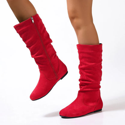 Pleated PU Women’s Fashion Boots – Casual Side-Zip Round Toe Flat High Solid Color Boots