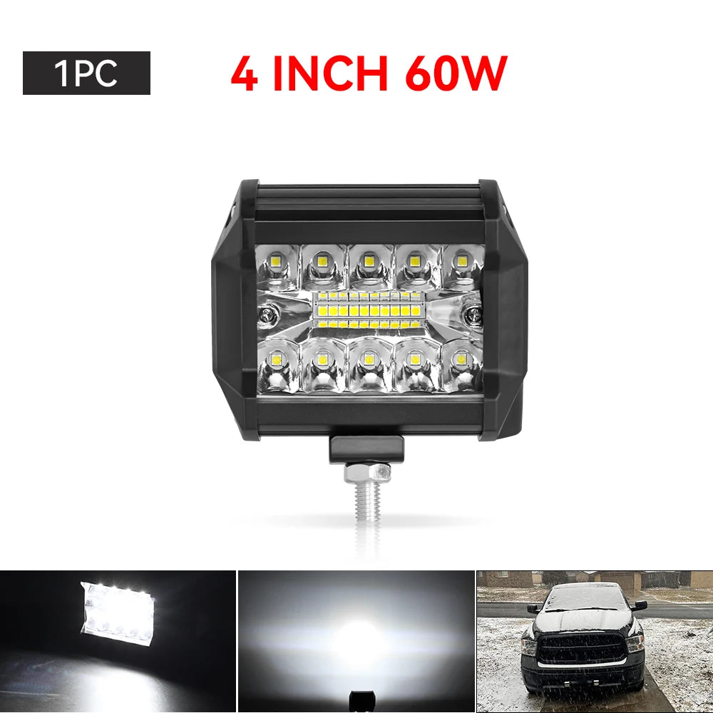 4" / 7" LED Work Light Bar 144W/120W Spot Flood Combo – Off-Road Lighting for Car, Tractor, Boat, Truck, SUV & ATV Repair & Utility Use