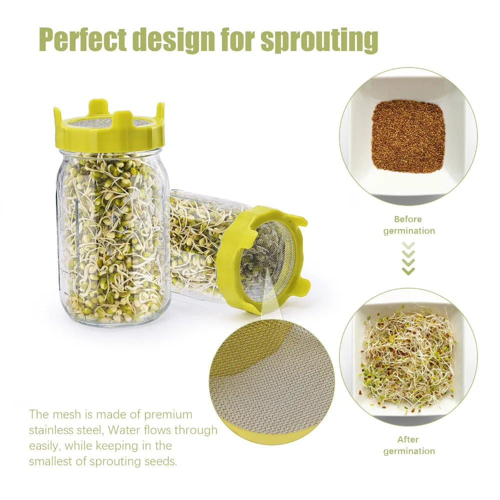 2pcs Plastic Sprouting Lid Set - Mesh Sprout Cover for Seed Germination, Vegetable Crop Growth, Fits Mason Jars with Sealing Ring