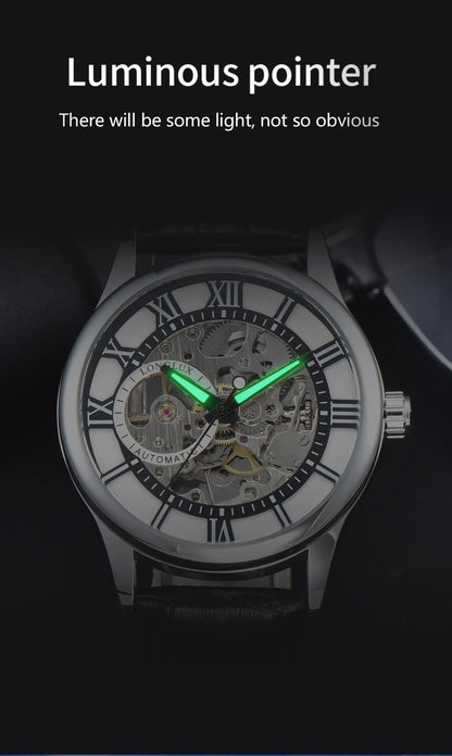 LONGLUX Rome Automatic Mechanical Waterproof Men’s Watch – Hollow Dial Leather Wristwatch Gift