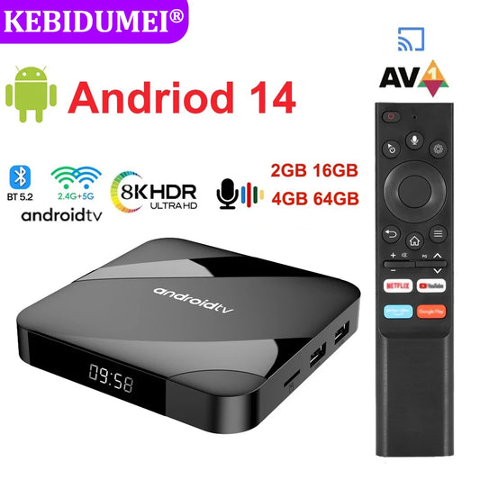 Android 14 TV Box 8K 4K Set Top — Bluetooth 5.2, 4GB RAM, 64GB Storage, S905W2 Quad Core, Dual WiFi, Voice Remote