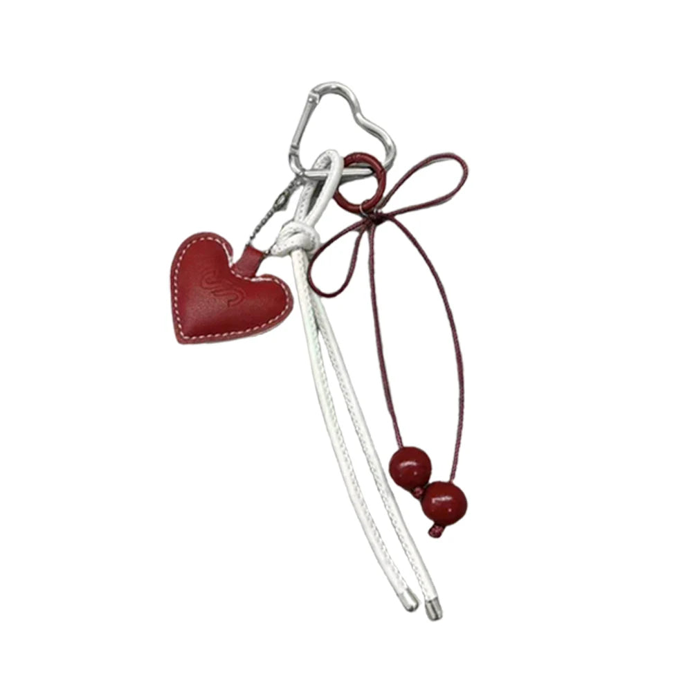 Y2K Leather Rope Keychain with Cherry Bow – Cute 3D Heart Bag Pendant Cartoon Keyring & Anti-Lost Phone Lanyard