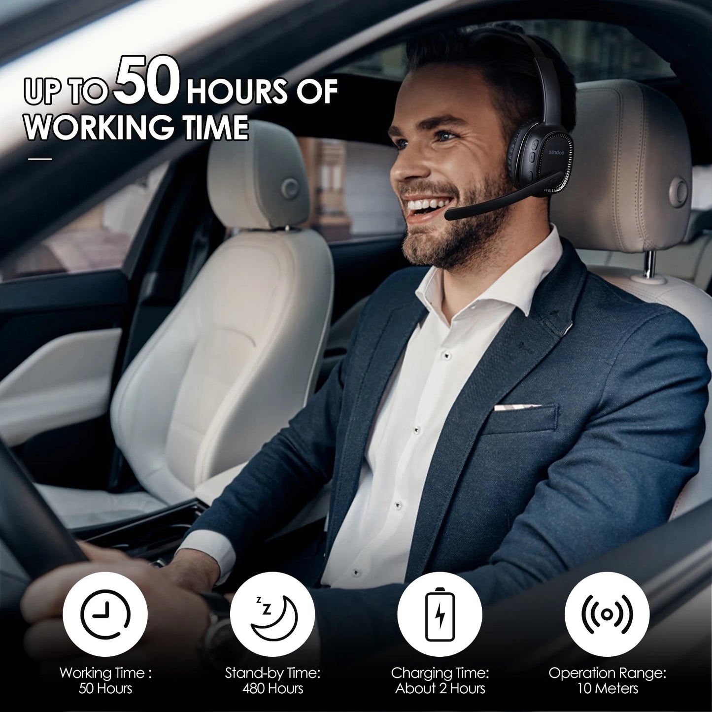 Siindoo JH-101 Wireless Call Center Headset with Mic — Noise Canceling Office Headphones 50H Talk Time