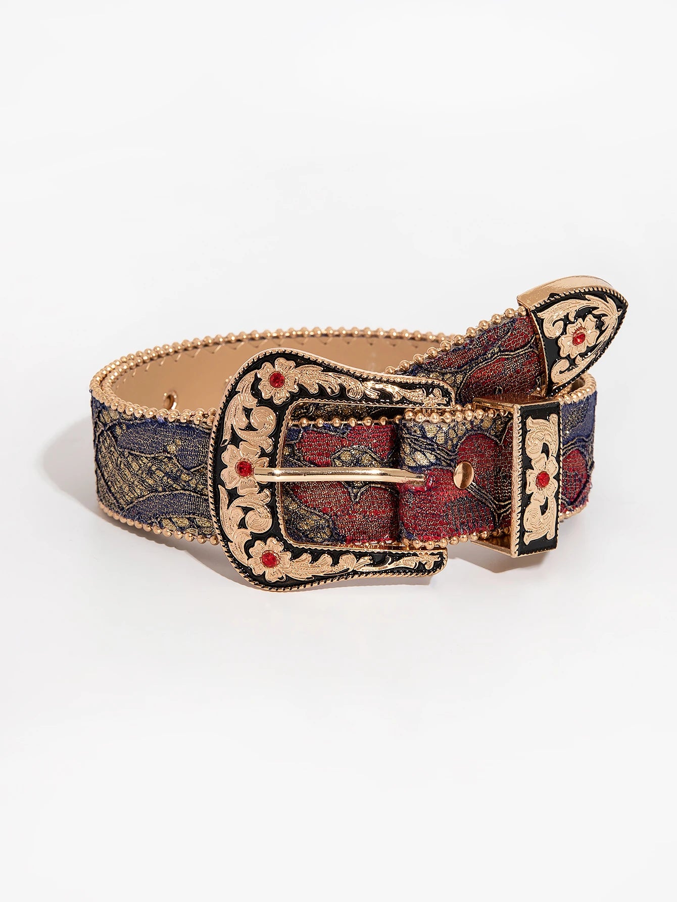 Women’s Gemstone Buckle Belt - Vintage Palace Style Floral Embroidery PU Fashion Accessory