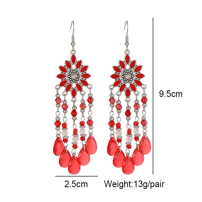 Bohemian Water Drop Tassel Earrings - Vintage Crystal Bead Long Dangle Jewelry for Women