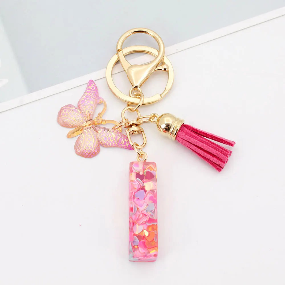 A-Z Letter Acrylic Keychain - Pink Butterfly Tassel Bag Charm & Key Ring