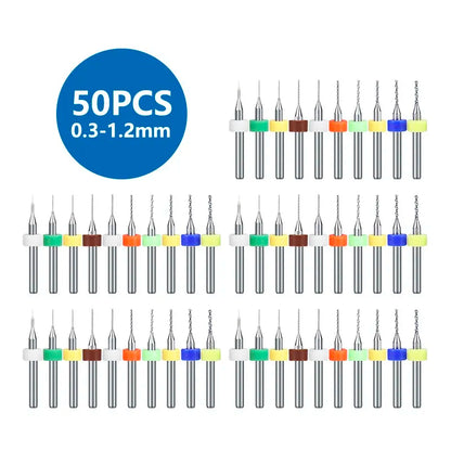 XCAN PCB Drill Bit Set – 50pcs 0.3-1.2mm Carbide Bits with 1/8" Shank for Micro Gun PCB Circuit Board Drilling