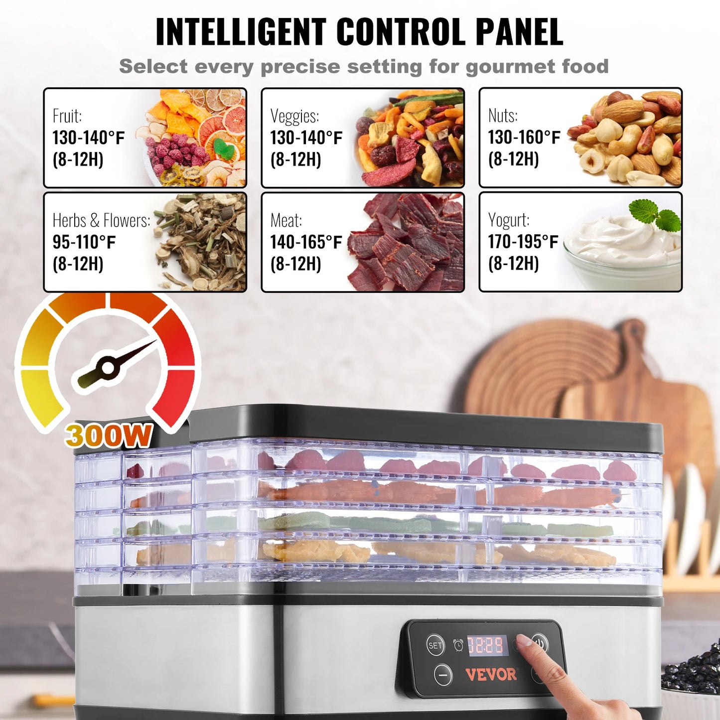 SucceBuy 5-Tray Electric Food Dehydrator – 300W Stainless Steel Dryer with Digital Timer & Adjustable Temperature