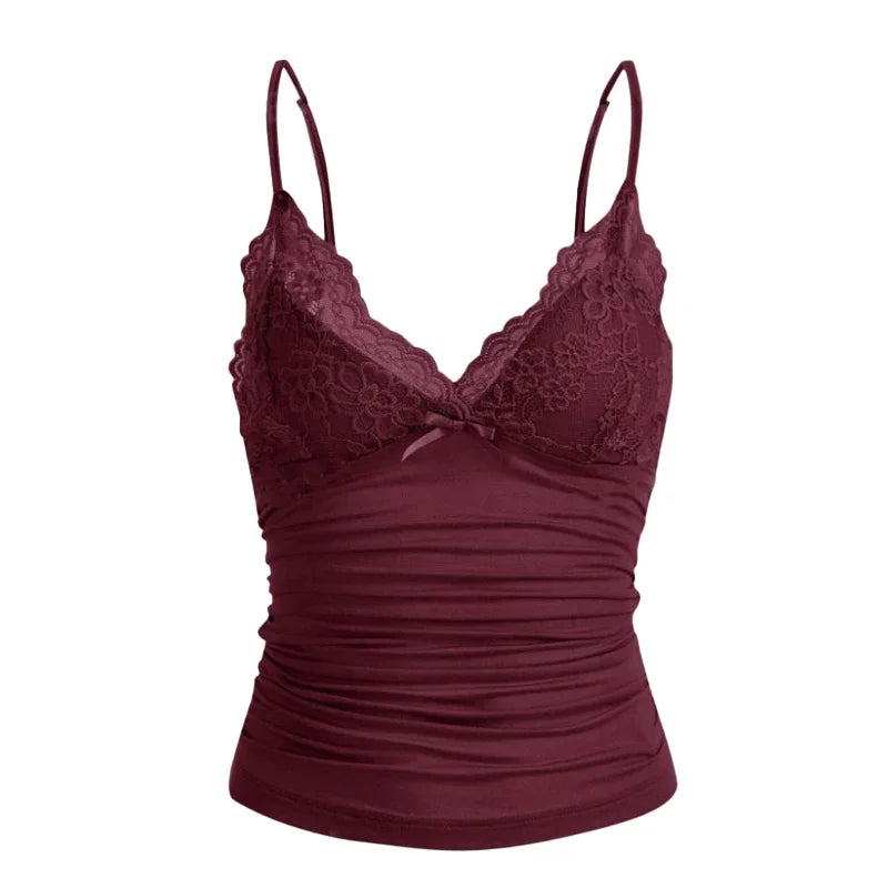Y2K Lace V-Neck Bow Top - Sexy Slim Fit Spaghetti Strap Vest Crop Top for Women