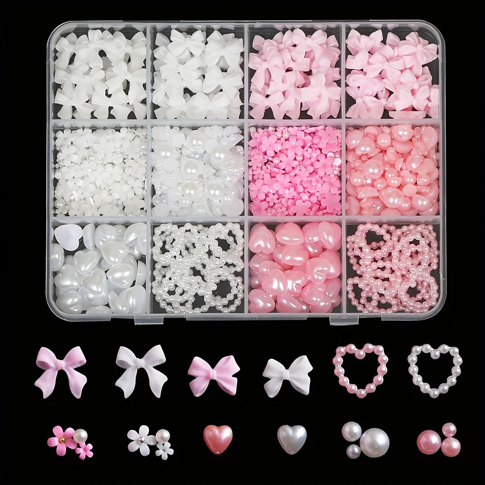 12 Grids Mixed Resin Bowknot Nail Art Decorations – 3D Acrylic Charms & Kawaii Colorful Rhinestone DIY Manicure Parts