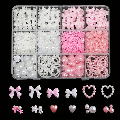 12 Grids Mixed Resin Bowknot Nail Art Decorations – 3D Acrylic Charms & Kawaii Colorful Rhinestone DIY Manicure Parts