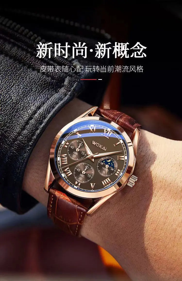 Fashion Business Three-Eye Roman Dial Quartz Watch - Bamboo Belt, Elegant & Stylish Timepiece