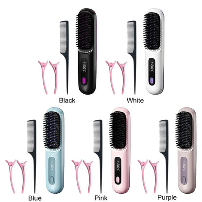 Cordless Hair Straightener Brush – Anti-Scald Electric Hot Comb with 3 Temperature Settings