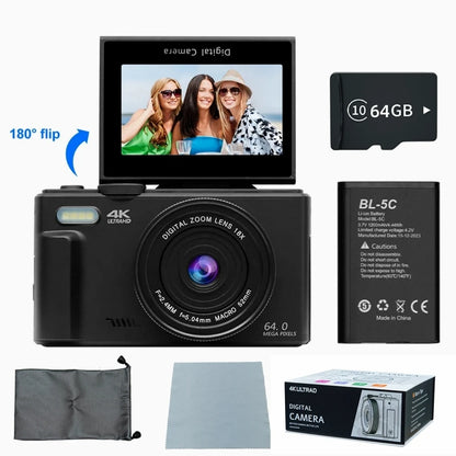 4K Digital Camera – 64MP Compact Photography & Vlogging Camera with 18X Digital Zoom, 3'' 180° Flip Screen & Flash