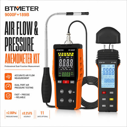 BTMETER Hot Wire Anemometer & Manometer Kit - HVAC Airflow and Gas Pressure Tester with 360° Swivel Probe, LCD Backlight & 12 Units