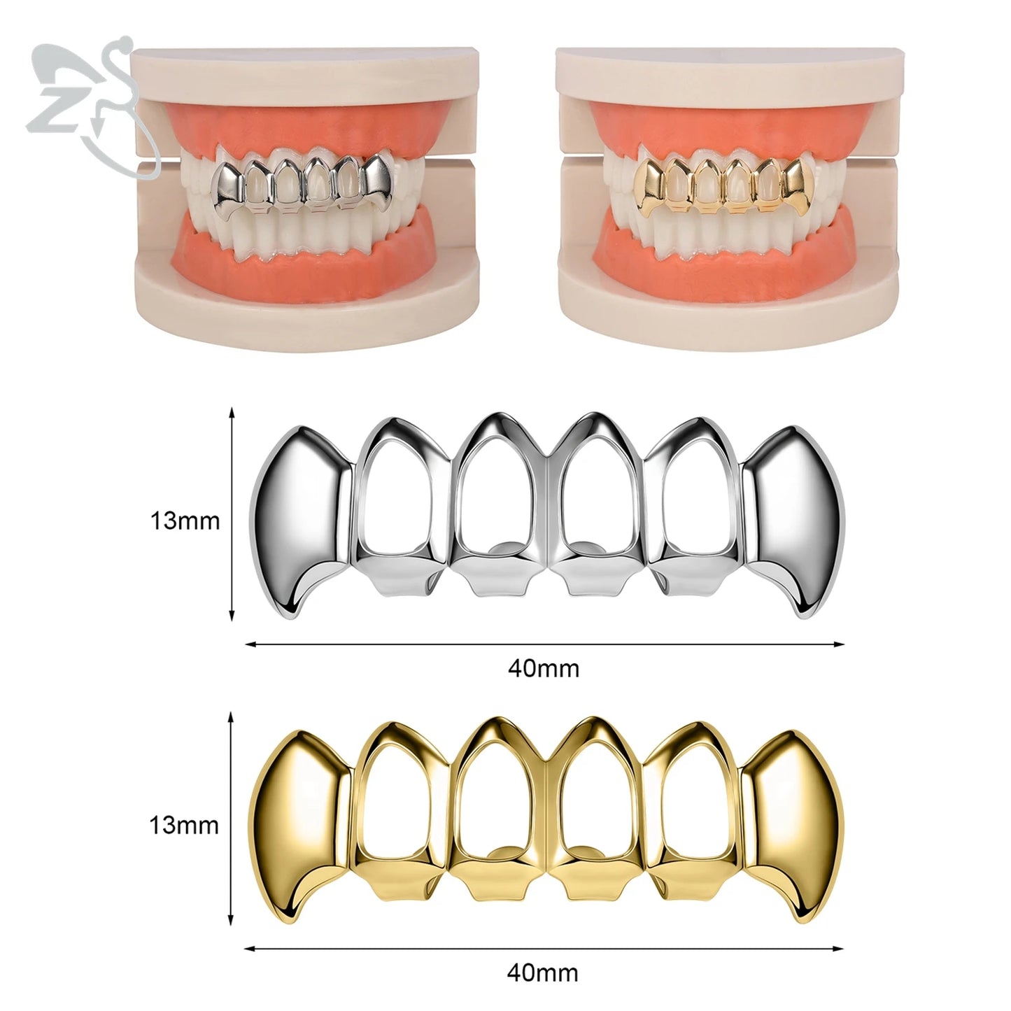 ZS Hip Hop Grillz – Silver/Gold Plated CZ Crystal Cross & Rose Star Tooth Cap, Top & Bottom Set