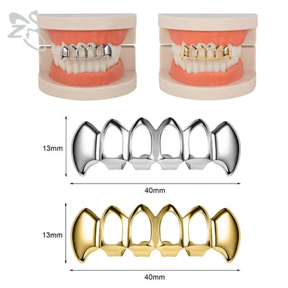 ZS Hip Hop Grillz – Silver/Gold Plated CZ Crystal Cross & Rose Star Tooth Cap, Top & Bottom Set
