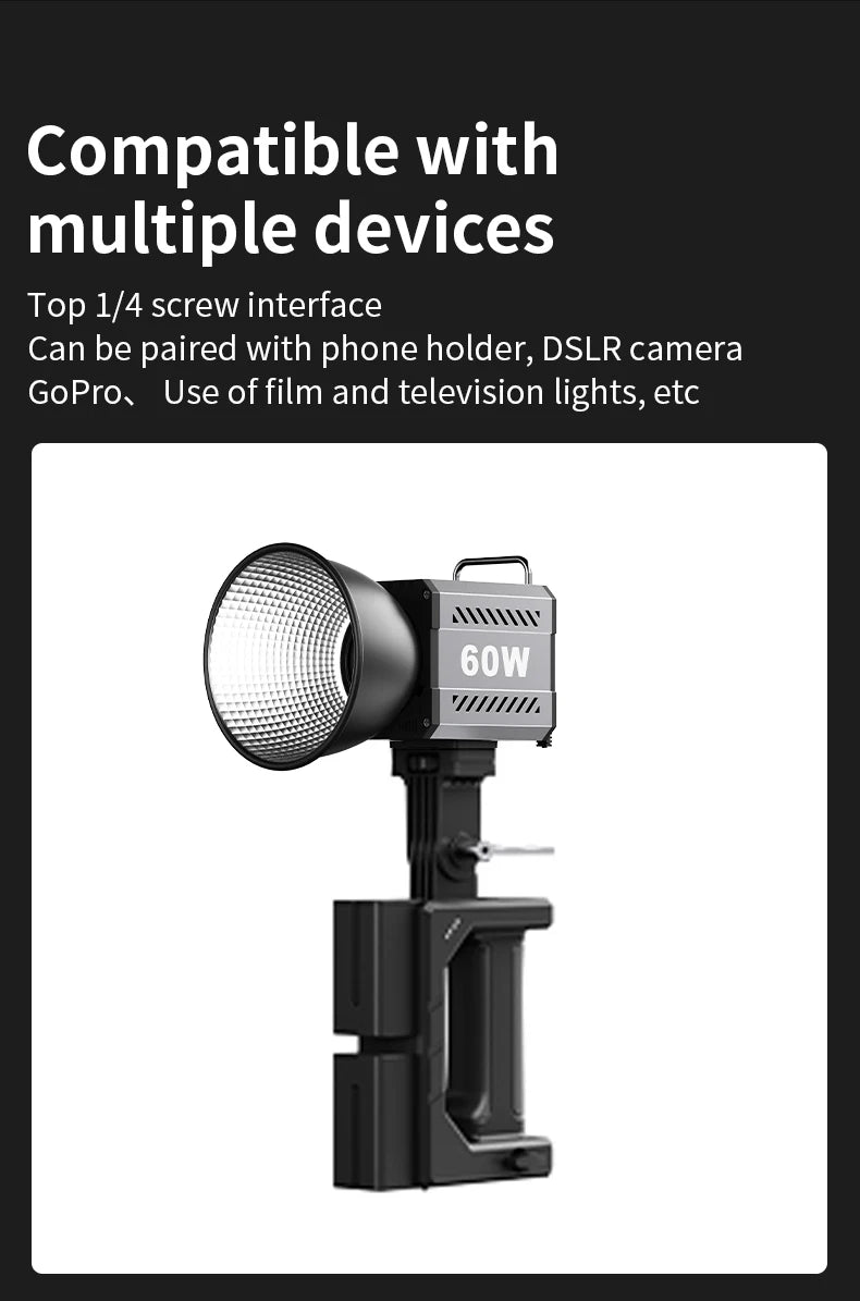 60W COB Video Light - CRI≥90, TLCI≥97, Dual Color Temperature 2700K-6500K, Portable Mini Bowens Live Lighting